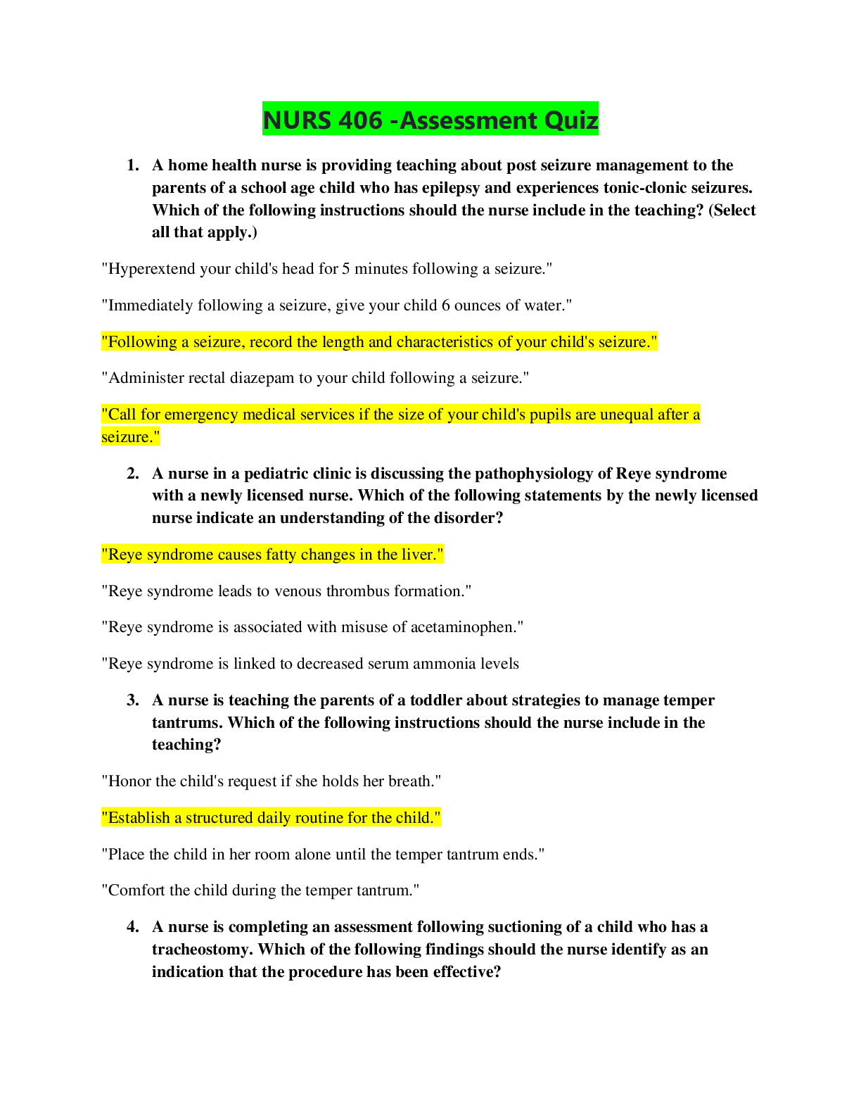 Preview of NURS 406  Nursing Care of Children. Assessment Quiz.